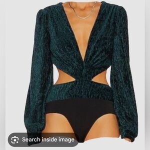 Patbo Elegant Deep Green Velvet Cutout Bodysuit Top
